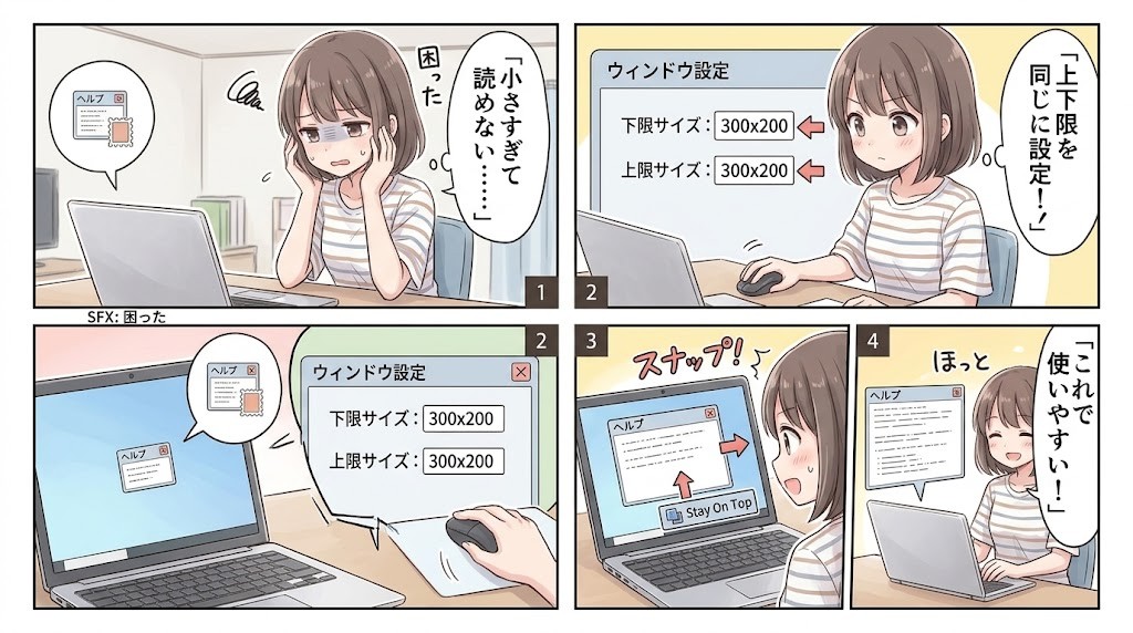 小さすぎる窓の困りごとから設定・解決までの4コマ